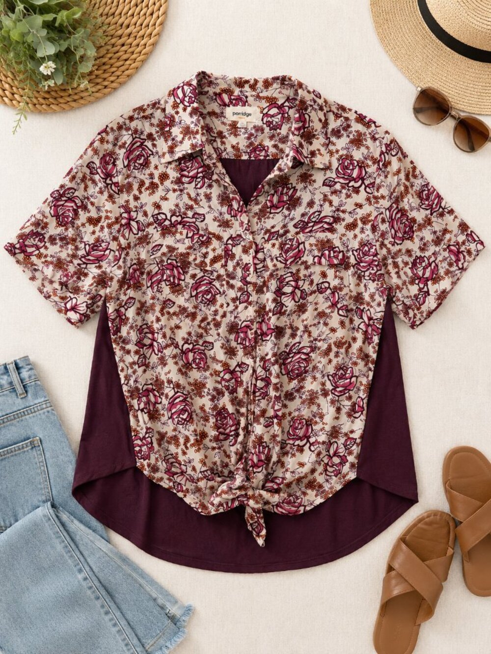 Porridge Anthropologie Floral Tie Front Blouse Women's Large